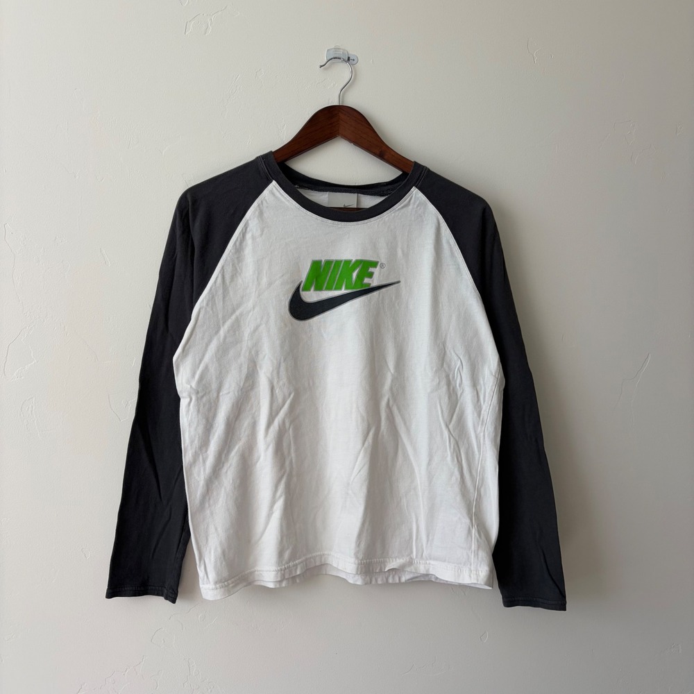 Vintage Nike Y2K Raglan Long Sleeve Shirt Mens Medium White Black Green Logo